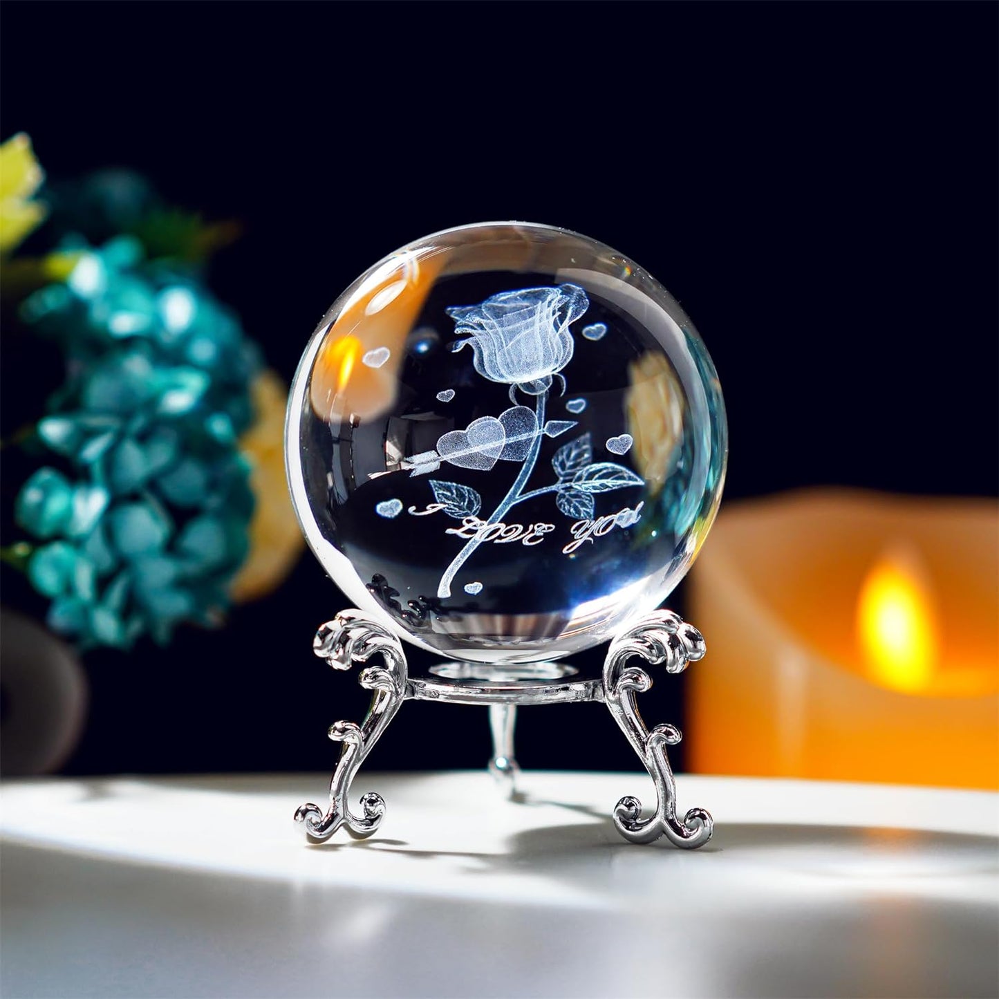 Crystal 2.4 Inch (60Mm) Carving Lotus Crystal Ball with Sliver-Plated Flowering Stand,Fengshui Glass Ball Home Decoration