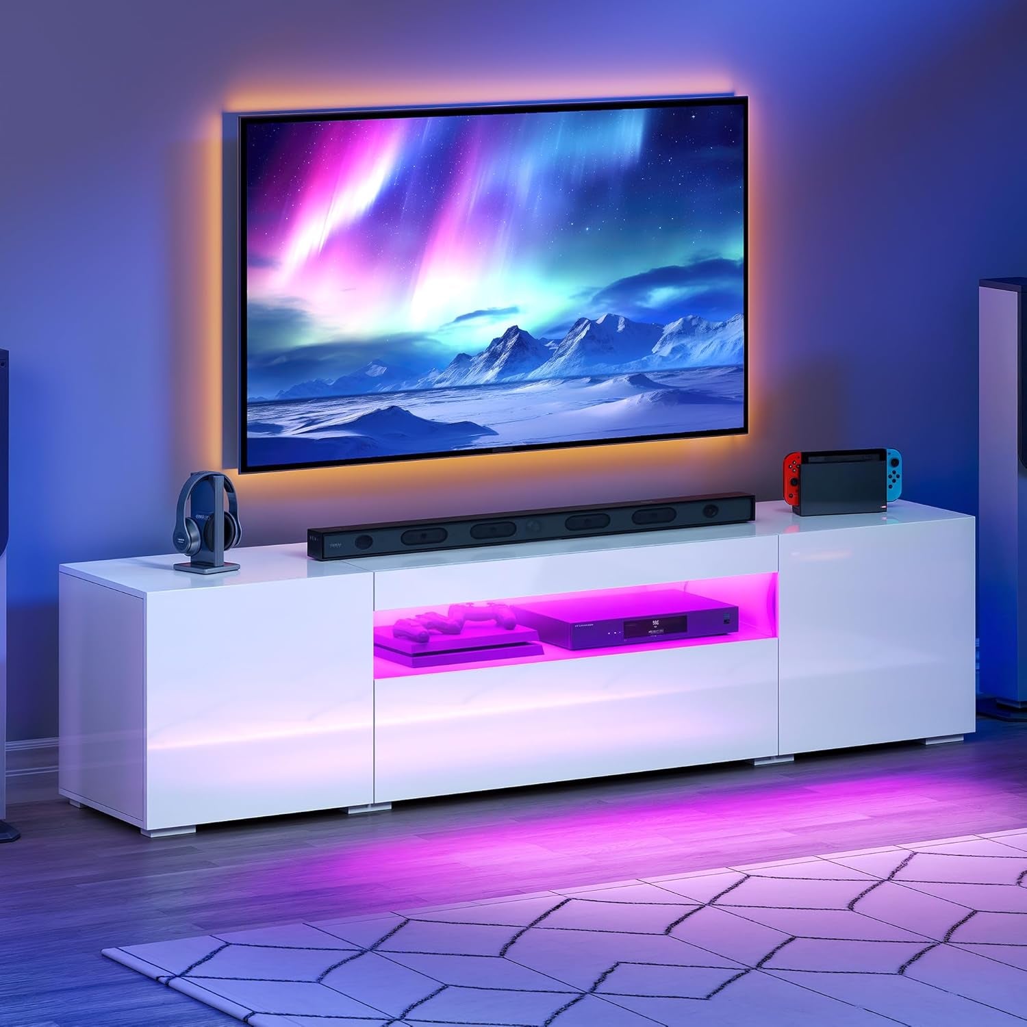 TV Stands for Living Room, 75 Inch TV Stand, Entertainment Center with Storage, Modern Television Stands, Led TV Stand, High Glossy Gaming Media Stand, White