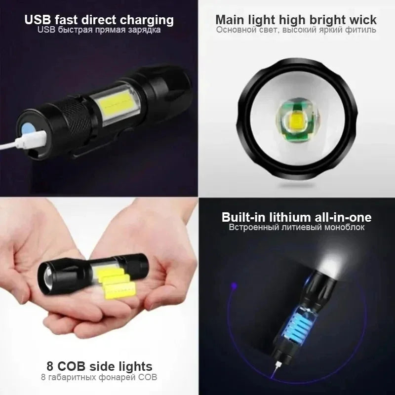 Zoomable COB Flashlight, USB Rechargeable, 3 Modes