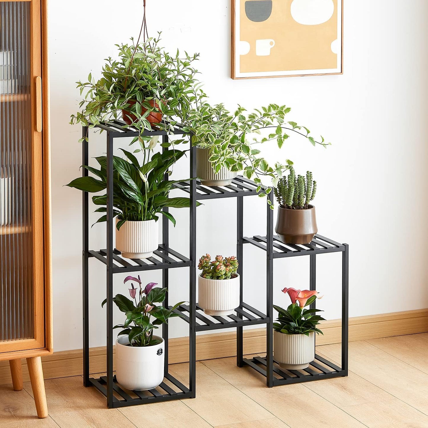 Plant Stand Indoor Plant Stands Bamboo Outdoor Tiered Plant Shelf for Multiple Plants, 3 Tiers 7 Potted Ladder Plant Holder Table Plant Pot Stand for Window Garden Balcony Living Room Corner (Black)