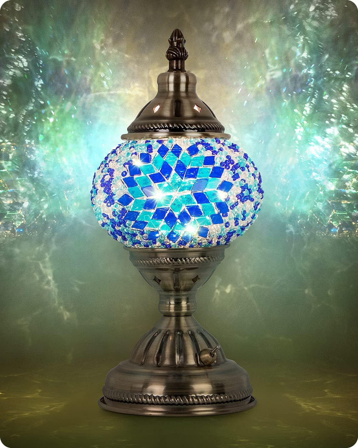 Turkish Moroccan Lamp with Bronze Base Handmade Tiffany Mosaic Glass Lamps Portable Bedside Lamps with Rechargeable Battery 2000Mah (LED Bulb Included)(3)