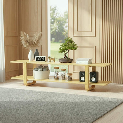 65-inch bamboo media stand with storage shelves in burlywood finish for eco-friendly TV setup
