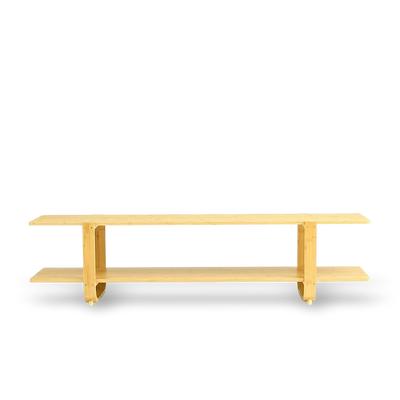 65-inch Bamboo Media Stand with two shelves in warm burlywood finish, eco-friendly bamboo for 65-inch TVs