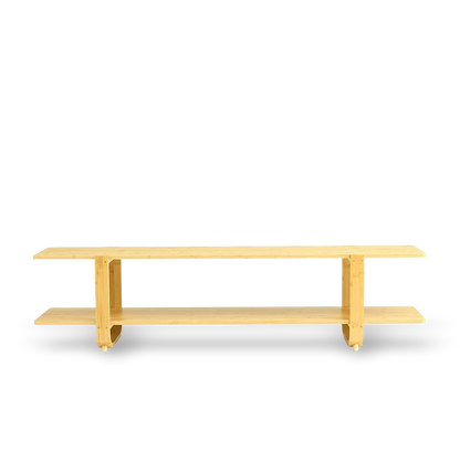 65-inch bamboo media stand, shown against a #f3f3f3 studio backdrop.