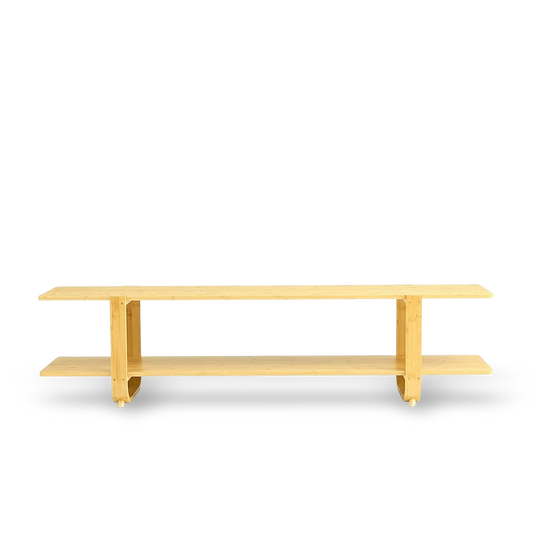 65-inch Bamboo Media Stand with two shelves in warm burlywood finish, eco-friendly bamboo for 65-inch TVs