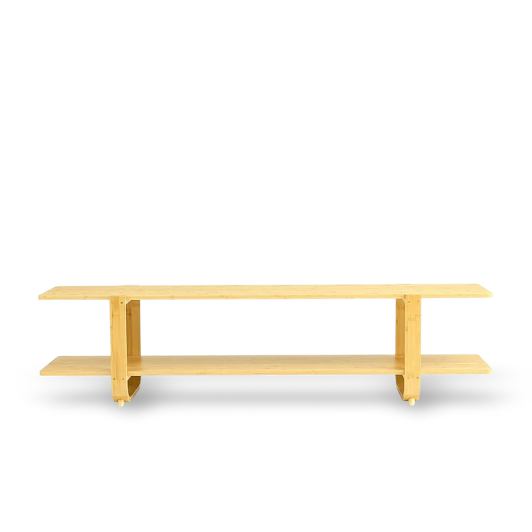 65-inch Bamboo Media Stand with two shelves in warm burlywood finish, eco-friendly bamboo for 65-inch TVs