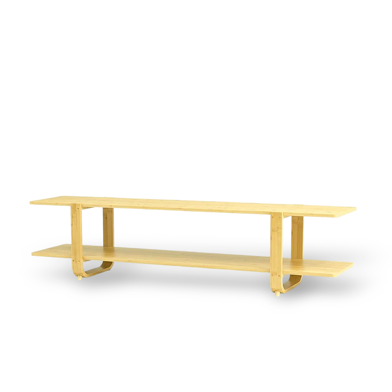 65-inch bamboo media stand with two shelves and storage, warm burlywood finish.