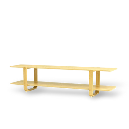 Eco-friendly bamboo TV stand with open shelves, shown against a #f3f3f3 studio backdrop.