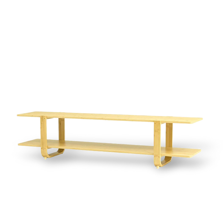 65-inch bamboo media stand with two shelves and storage, warm burlywood finish.