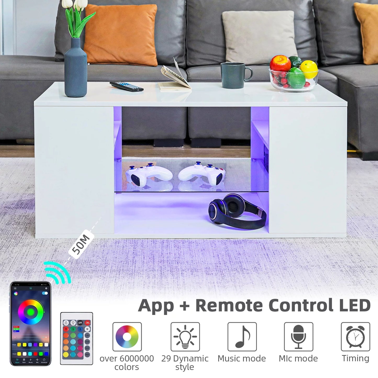 White Coffee Table with LED Lights Living Room Table Glass Open Shelves High Gloss Rectangle Center Table Sofa Side Cocktail Tables