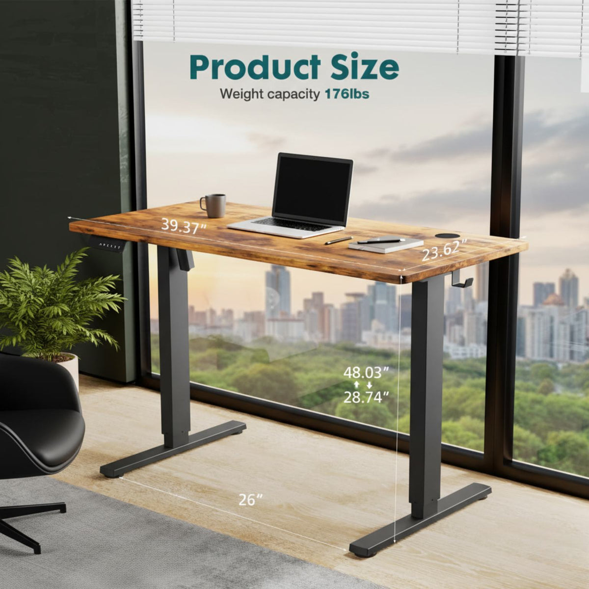 Electric Height Adjustable Standing Desk measurements displayed (feature callout)