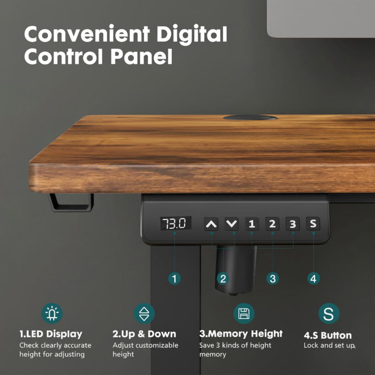 Wooden desk with digital control panel on a dark background (feature callout)