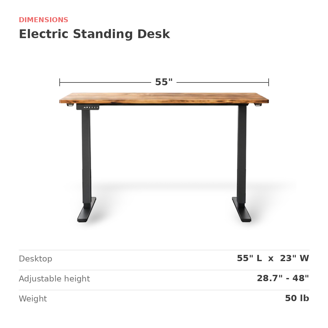 Dimensions of the electric standing desk: 55 in. long, 23 in. wide, height adjustable 28.7 to 48 in.