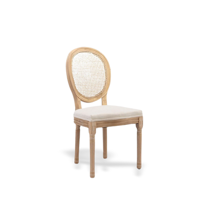 Rattan oval-back dining chair set of six, styled on a #f3f3f3 studio background