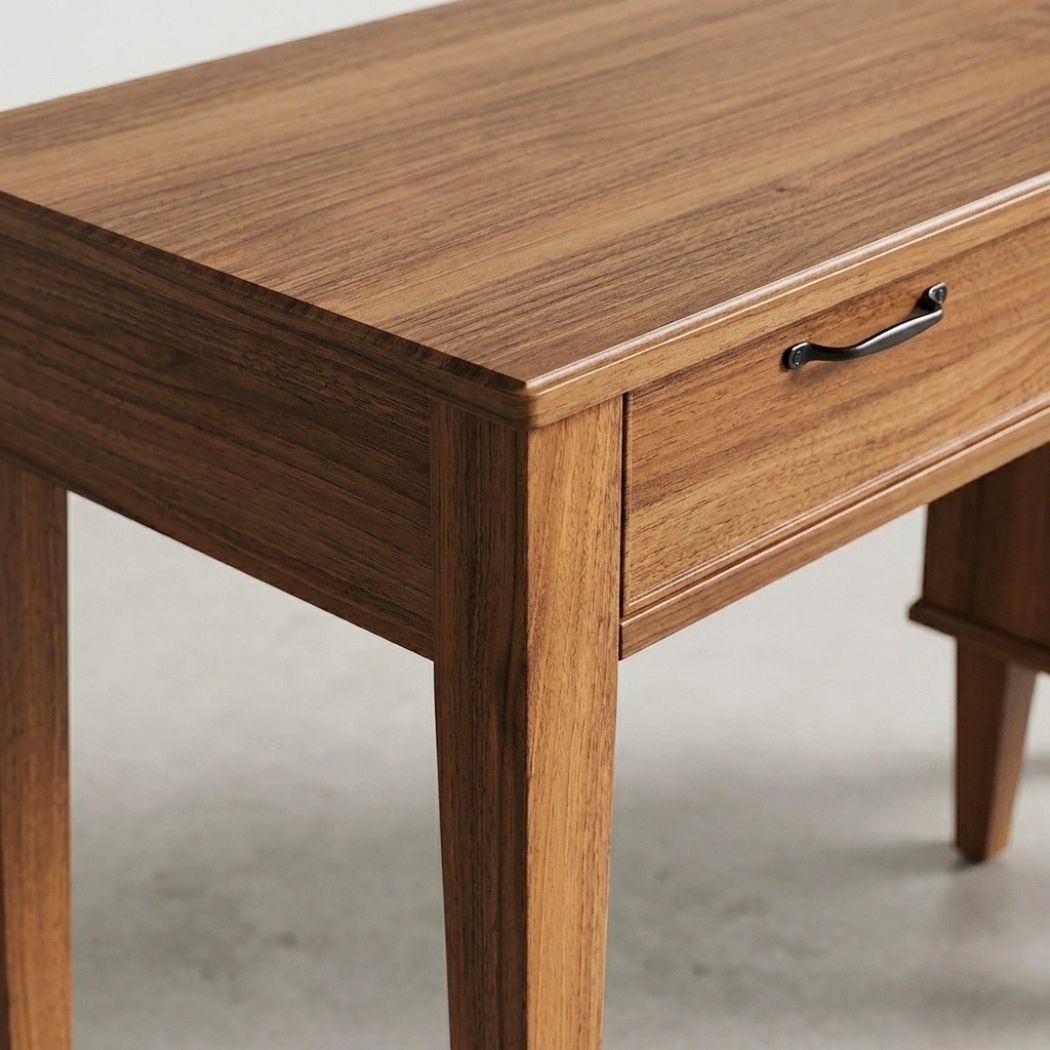Close-up of the premium walnut wood grain finish (close-up detail)