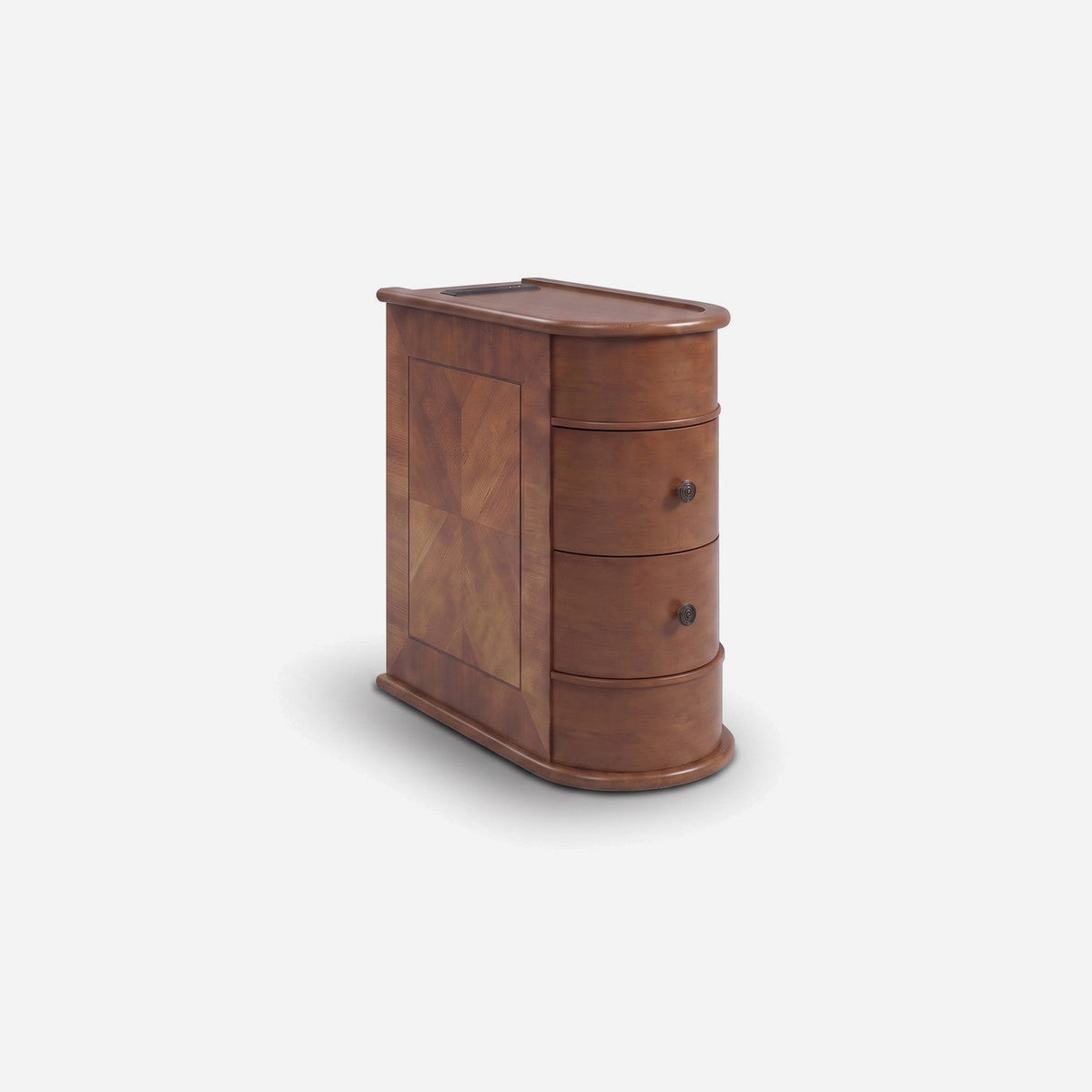 Sofa side table with drawers, turned view with both drawers closed