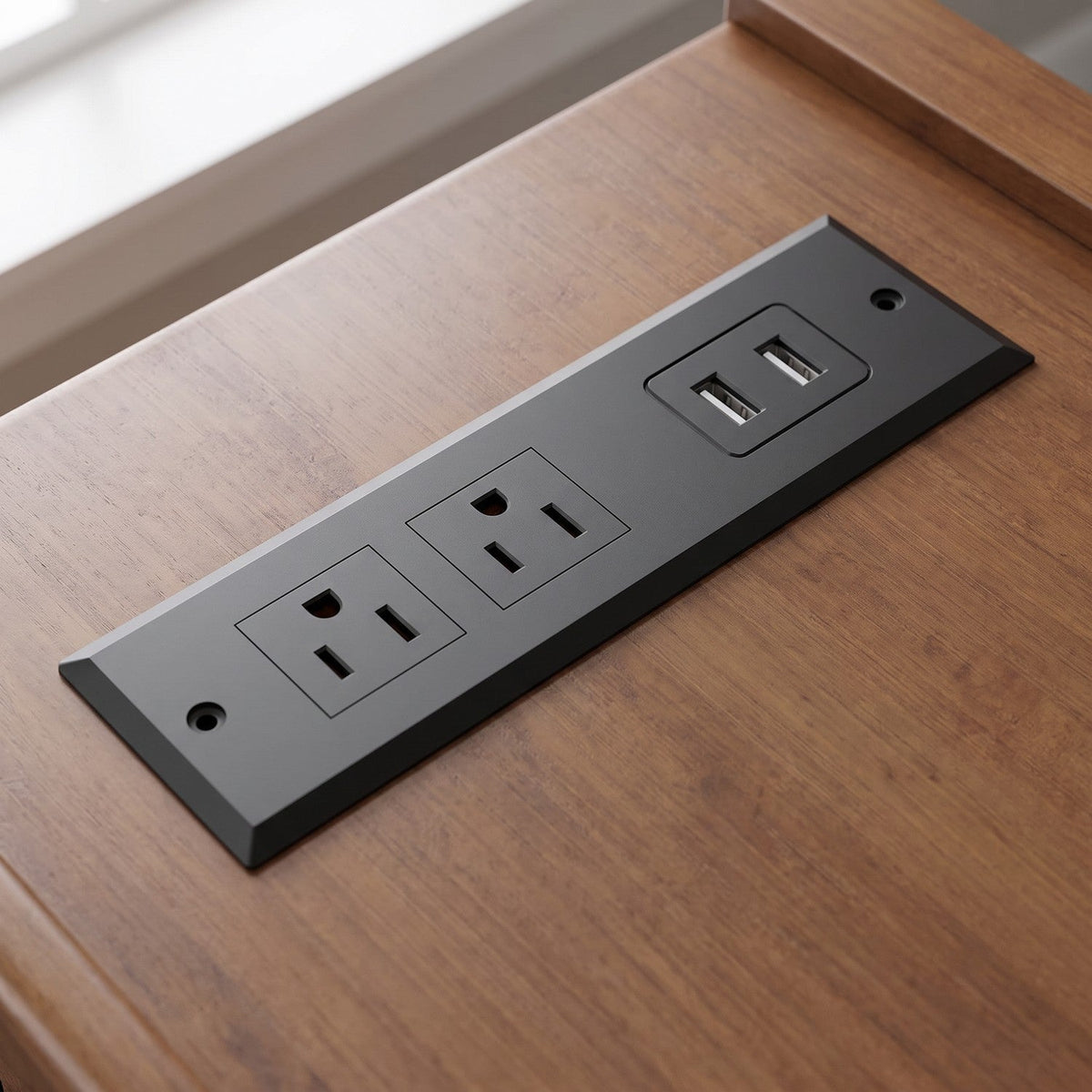 Close-up of two AC outlets and two USB ports set into a walnut-finish top
