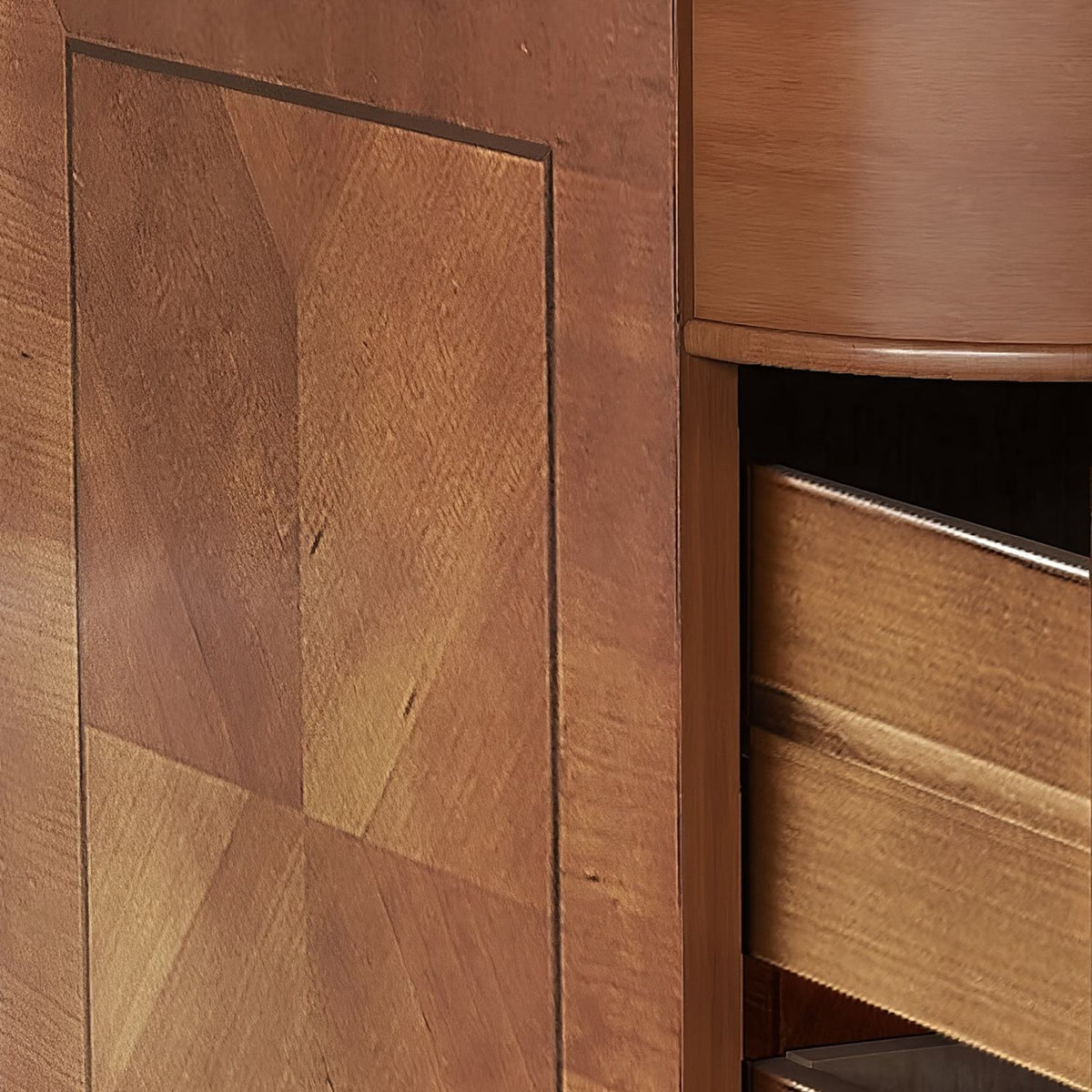 Close-up of a faceted walnut wood-grain panel
