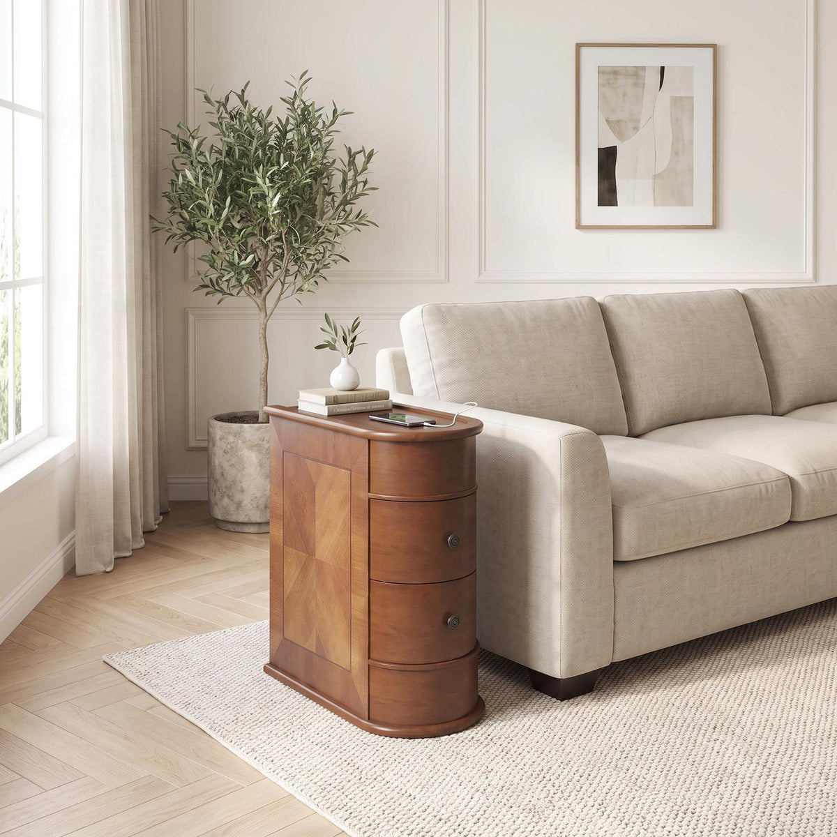 Walnut-finish side table beside an oatmeal linen sofa in a bright living room