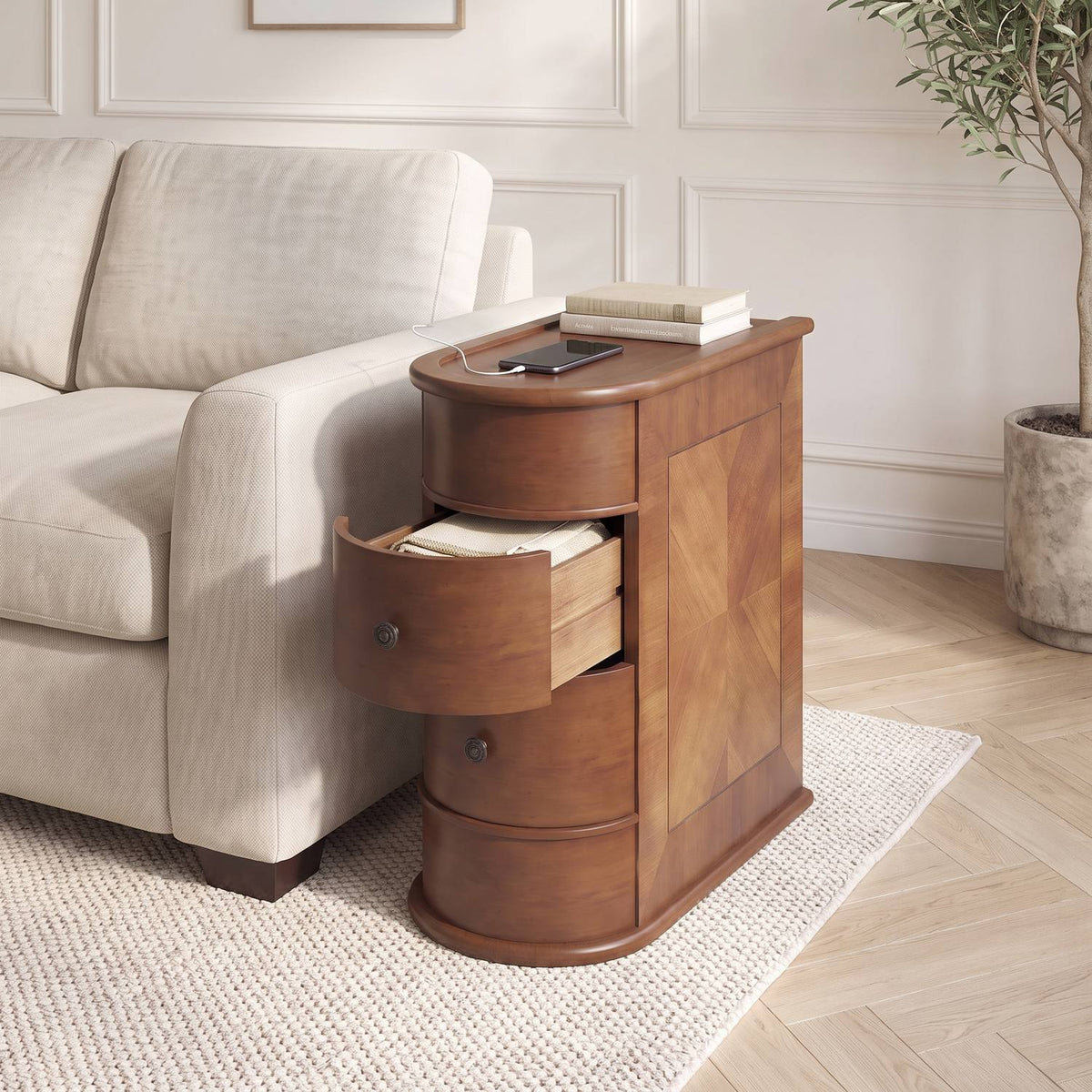 Walnut-finish side table at the sofa arm, seen from the opposite side of the room