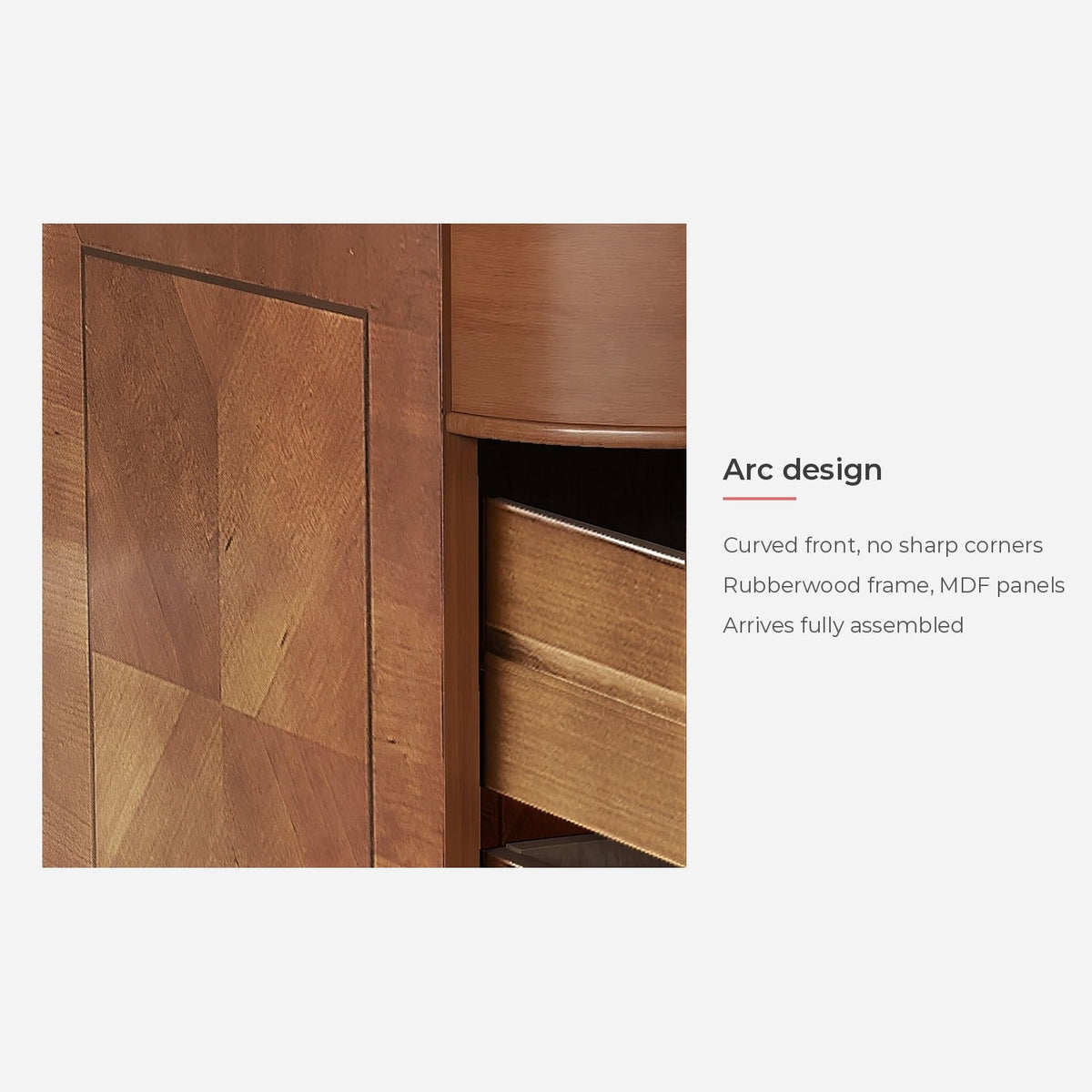 Specification card: arc design and wood-grain panel