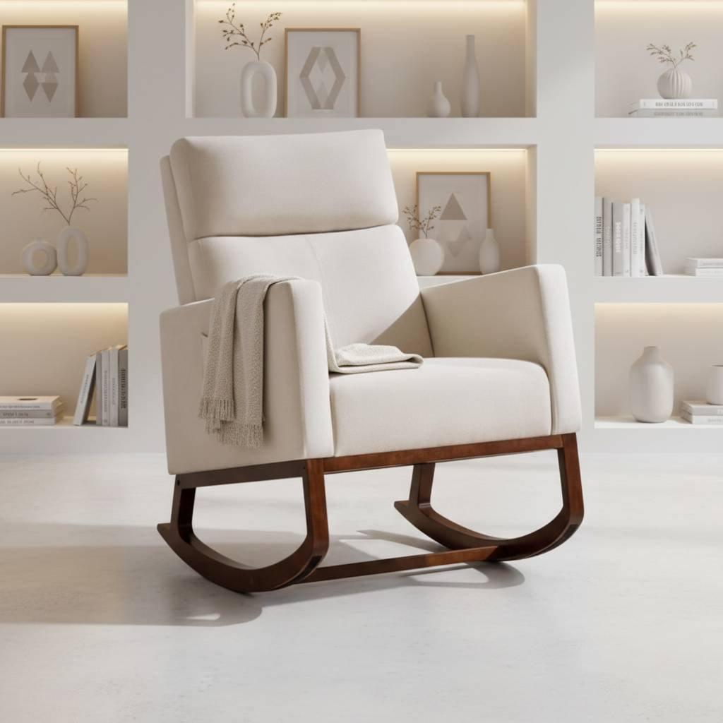 Adirondack rocking chair with side pocket in a bright living room, white upholstery and wooden rockers