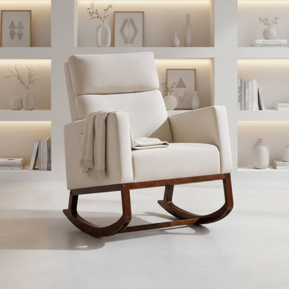 Adirondack rocking chair with side pocket in a bright living room, white upholstery and wooden rockers