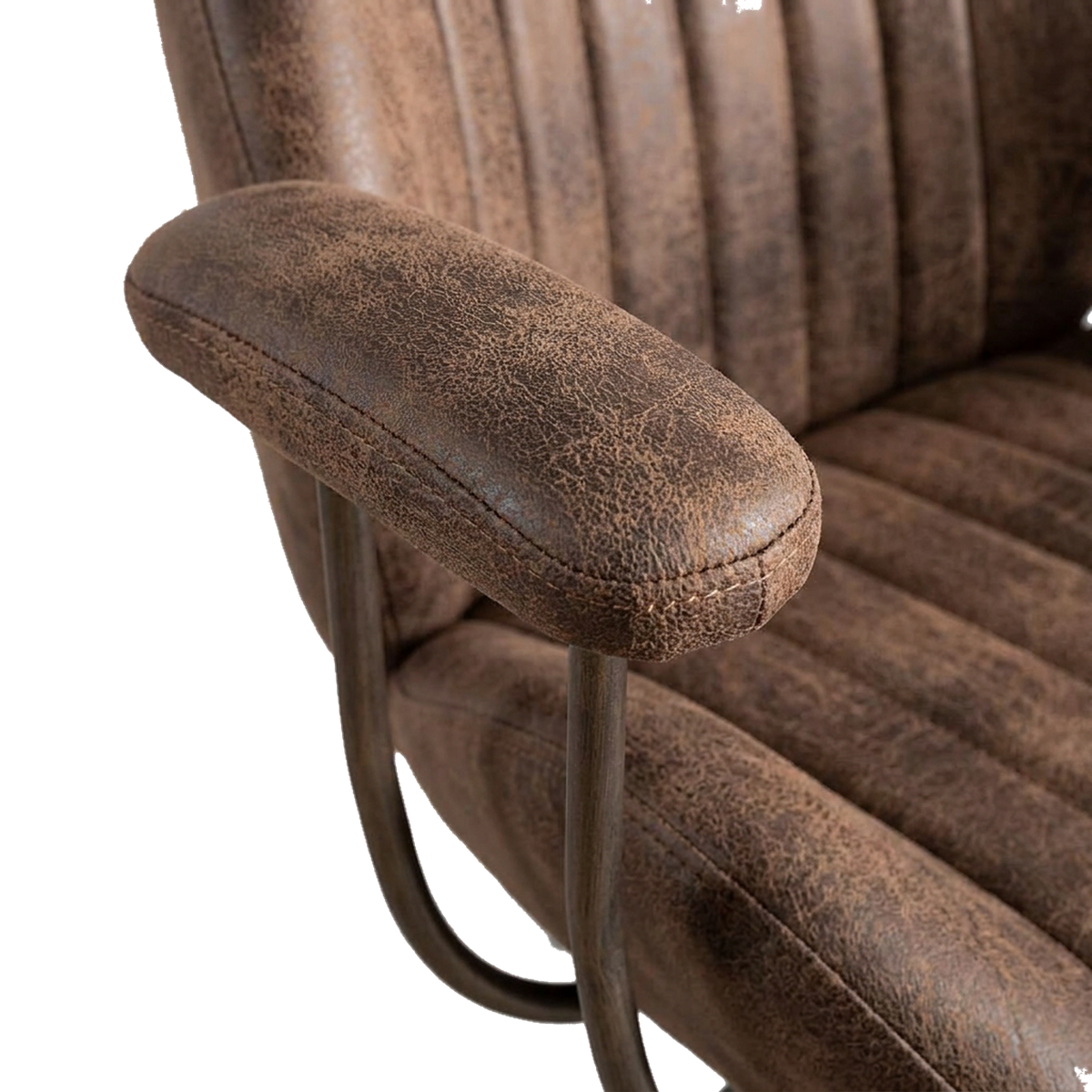 Close-up of a removable padded armrest on its steel post (close-up detail)