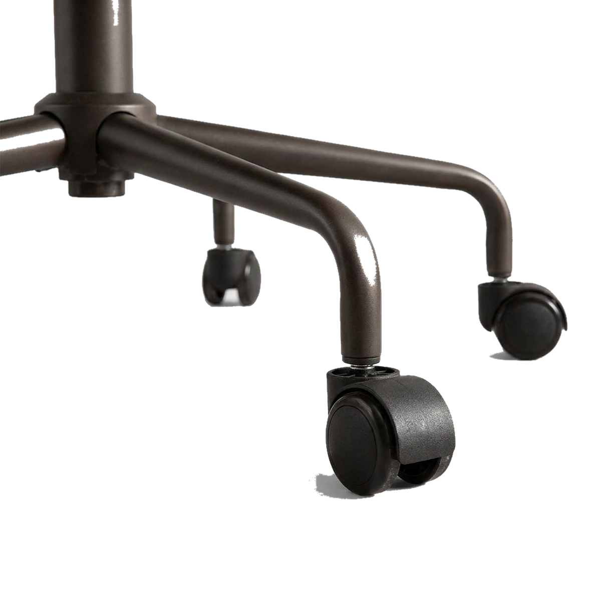 Close-up of the steel base arm and nylon caster (close-up detail)