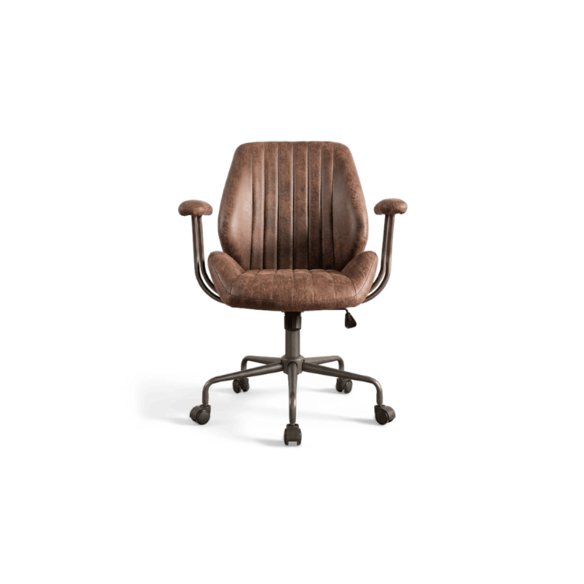 mid century leather office chair, front view on a #f3f3f3 studio background