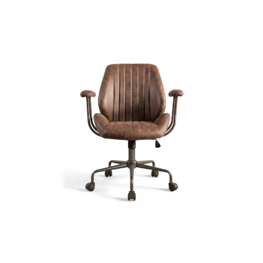 mid century leather office chair, front view on a #f3f3f3 studio background
