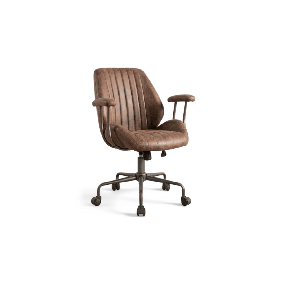dark brown leather office chair, rotated view on a #f3f3f3 studio background