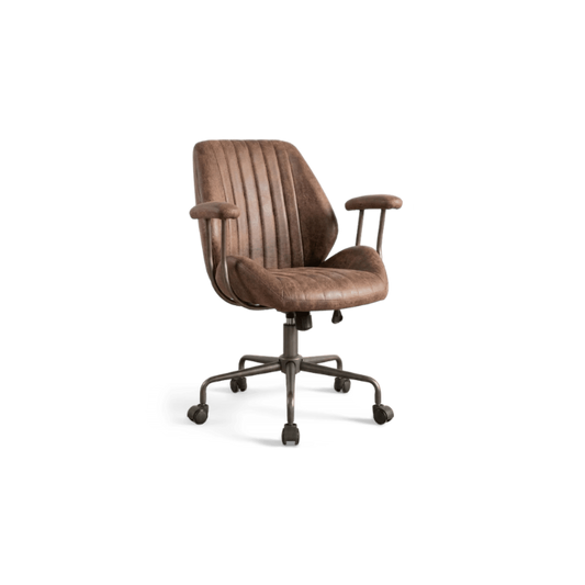 dark brown leather office chair, rotated view on a #f3f3f3 studio background
