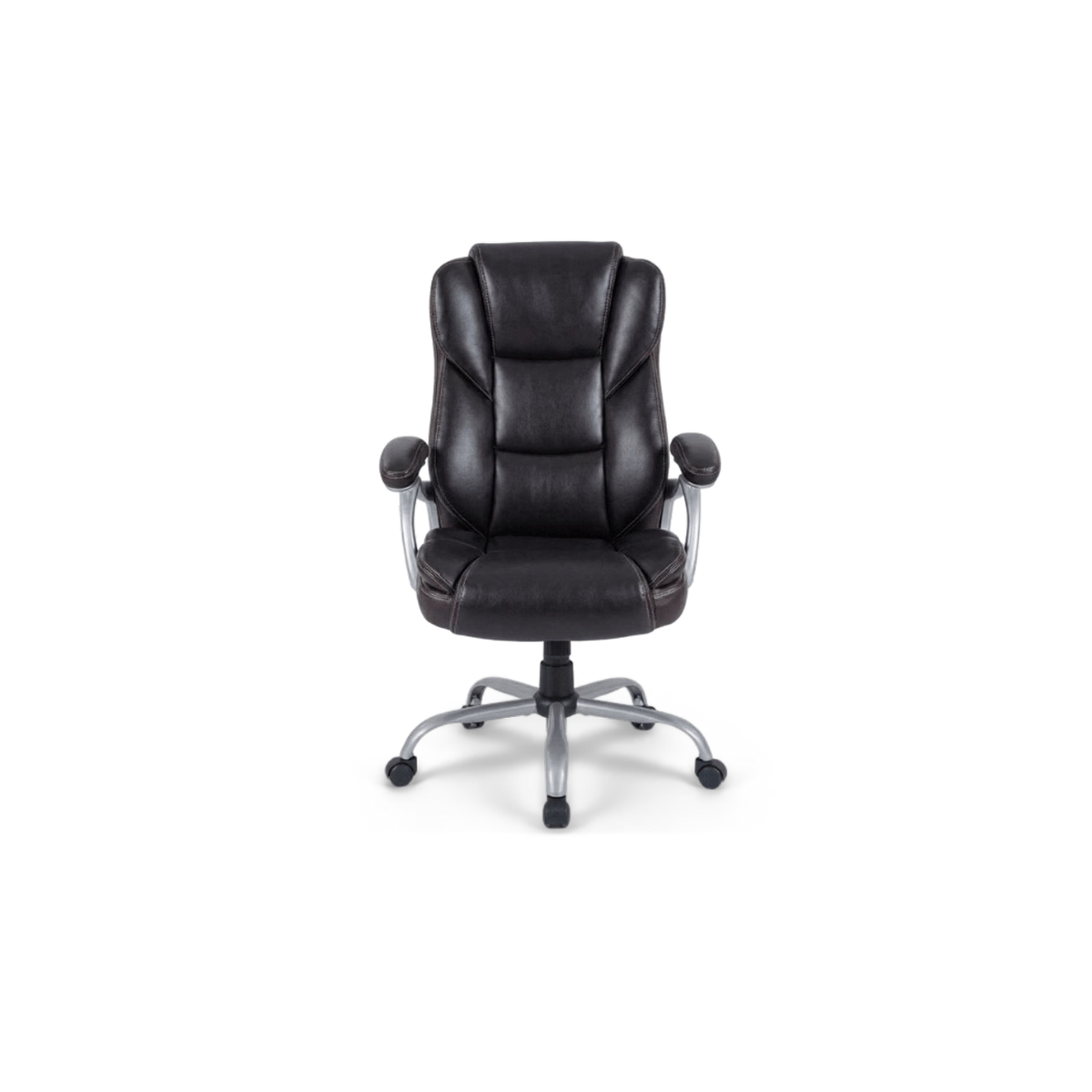 Ergonomic executive office chair in dark brown faux leather, front view on a plain background