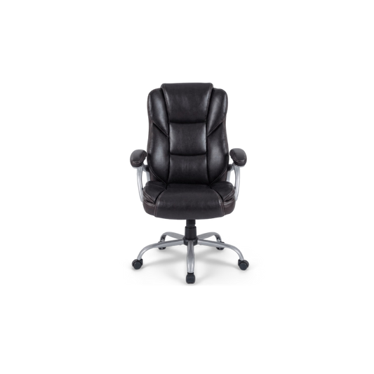 Ergonomic executive office chair in dark brown faux leather, front view on a plain background