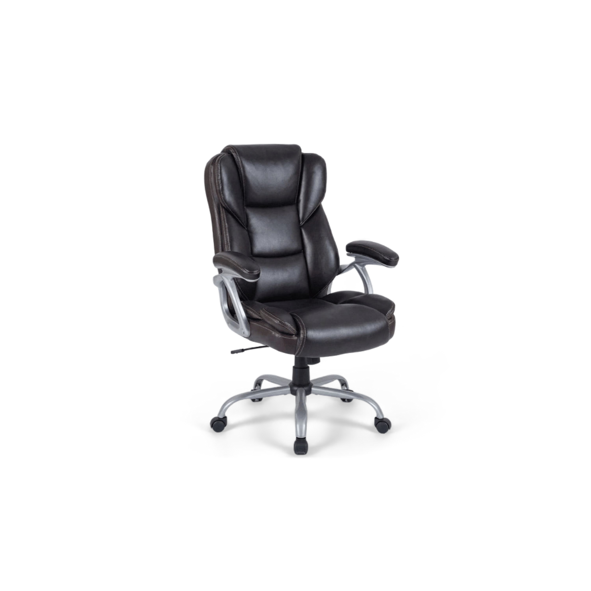 Leather executive chair in dark brown with a silver 5-claw base, turned at an angle