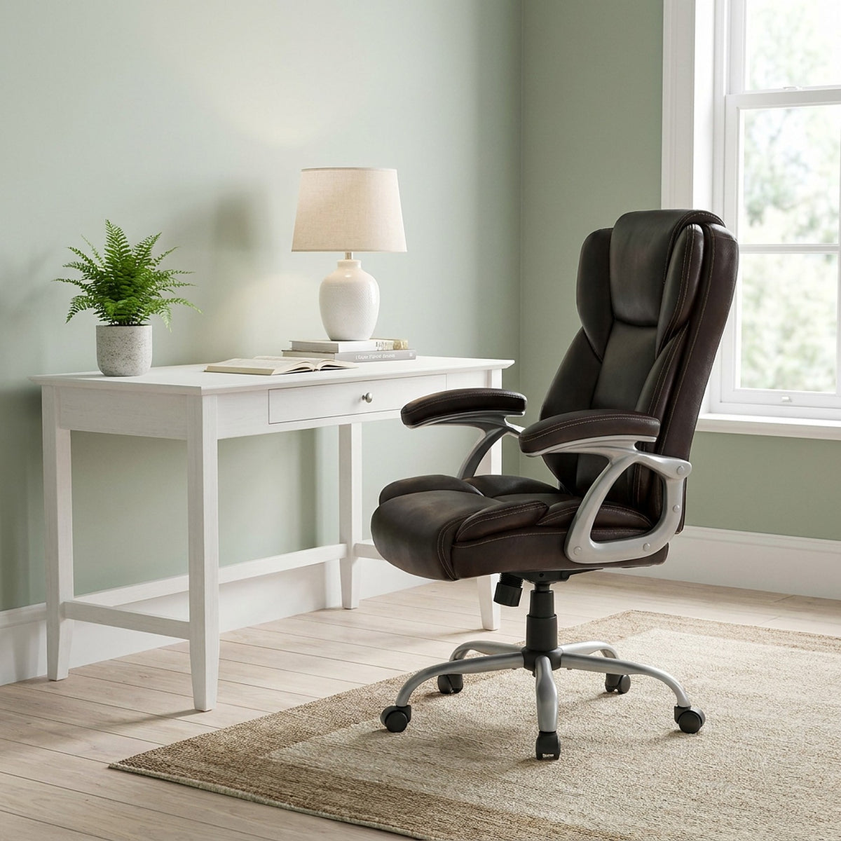 Dark brown faux leather chair at a white desk in a pale sage study with a fern and lamp