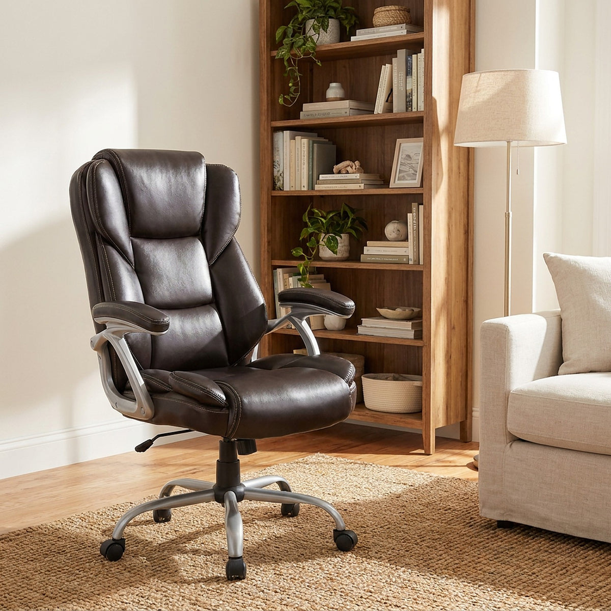 Dark brown faux leather chair in a sunlit reading nook beside an oak bookcase and a linen sofa