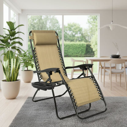 Ergonomic Zero Gravity lounger in tan fabric designed for spinal relief; includes a black high-strength frame and dual-side accessory station.