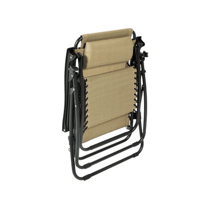 Two-piece Zero Gravity chair set in beige fabric; specialized reclining position for lumbar support, neck comfort, and full-body relaxation.