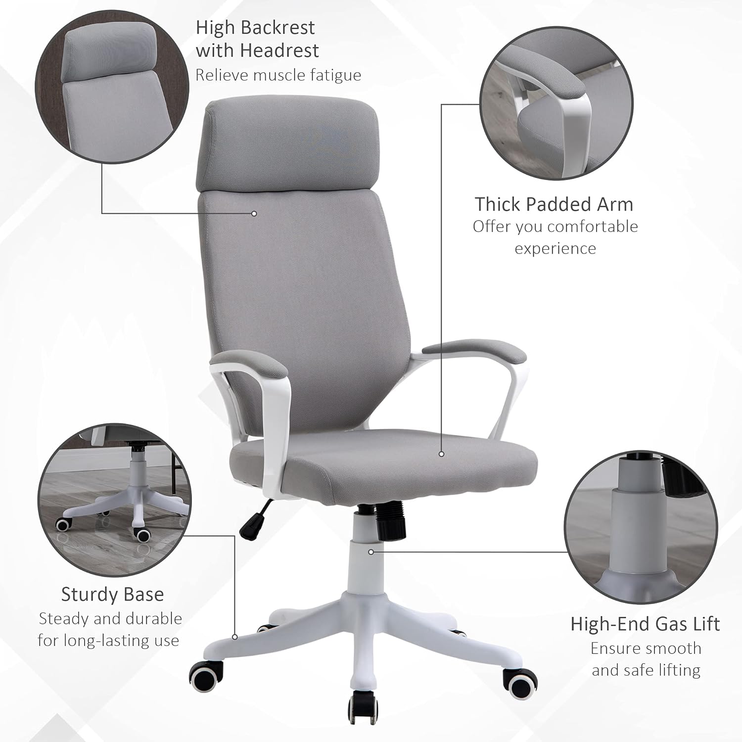 Gray office chair with features highlighted 