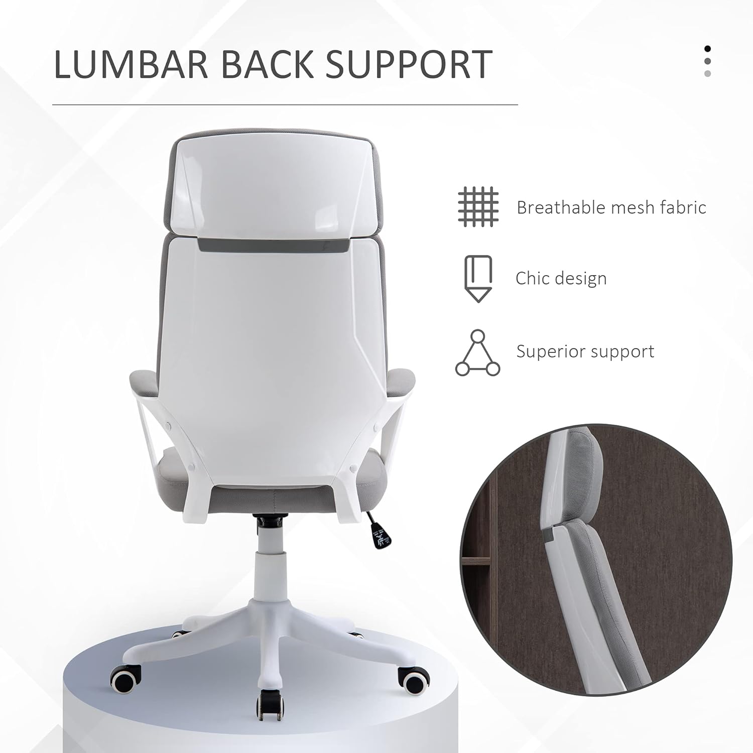 White office chair with lumbar back support features on a light gray background