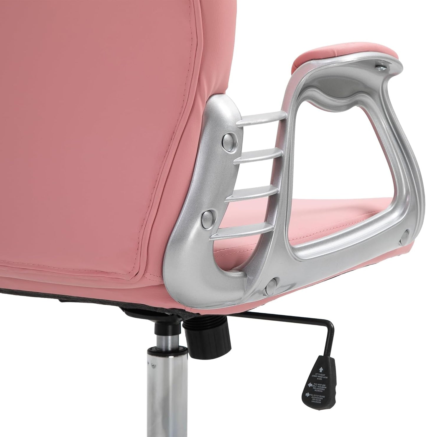 Pink office chair with a silver armrest on a white background