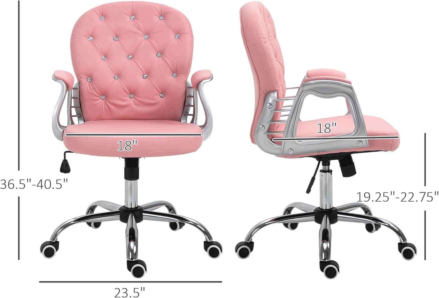 Pink office chair with dimensions labeled on a white background
