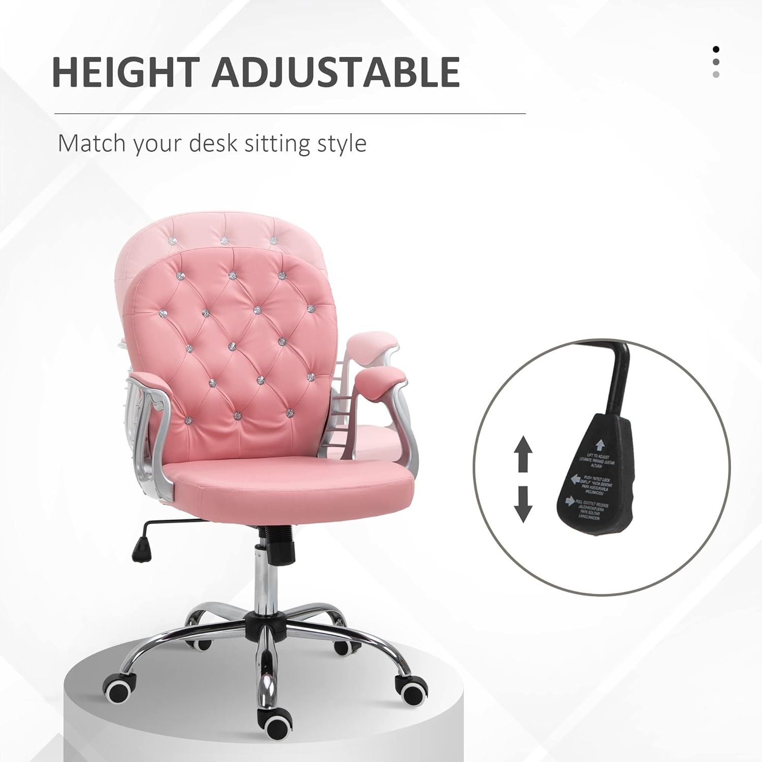 Pink office chair with height adjustment feature on a white background