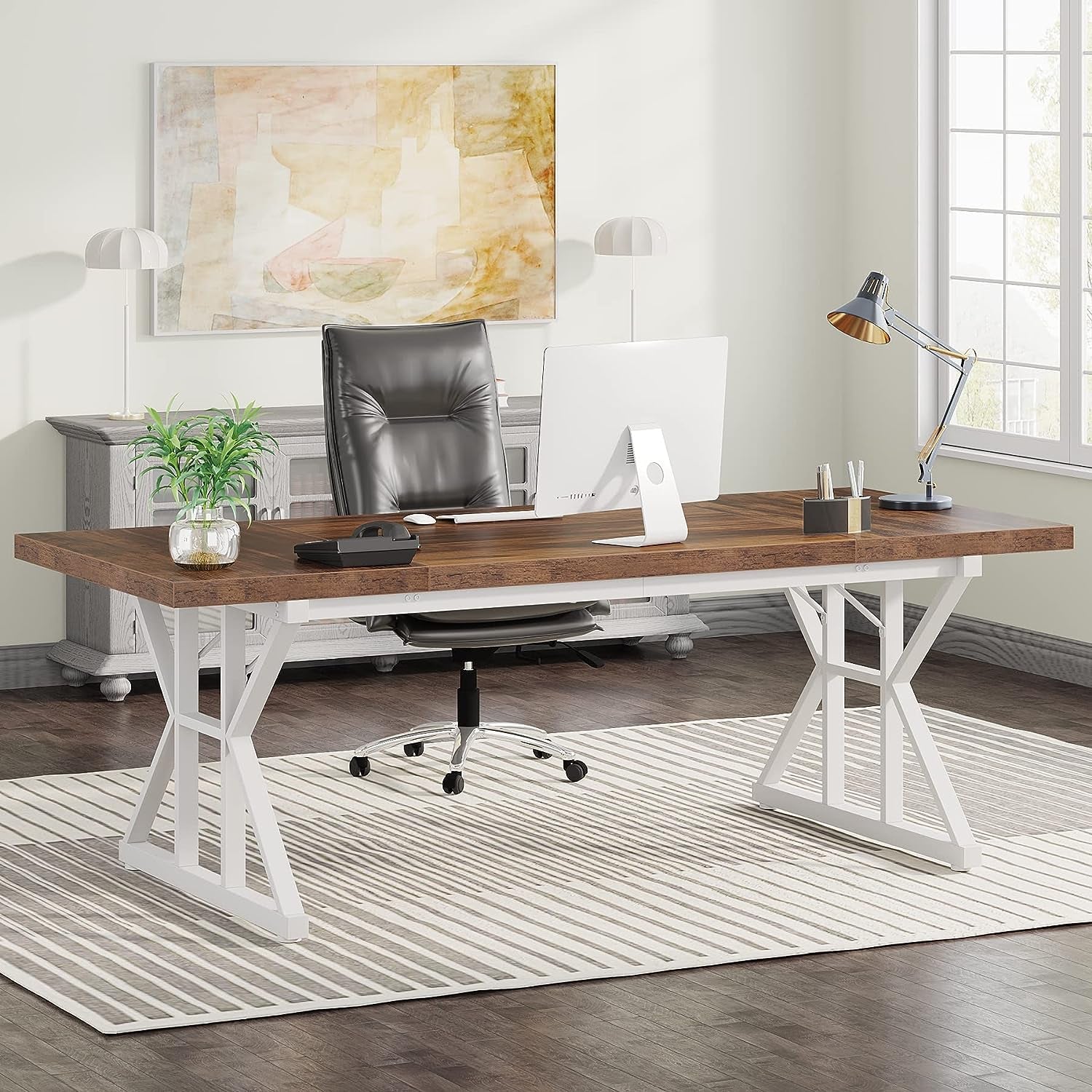 70.8-inch two-tone brown and white executive desk with a wide work surface and white X-frame legs.