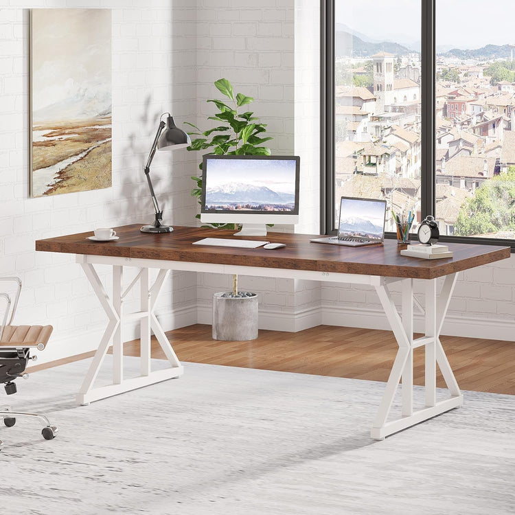 70.8 inch executive desk, two-tone brown and white finish with white X-frame legs, spacious home office workspace.