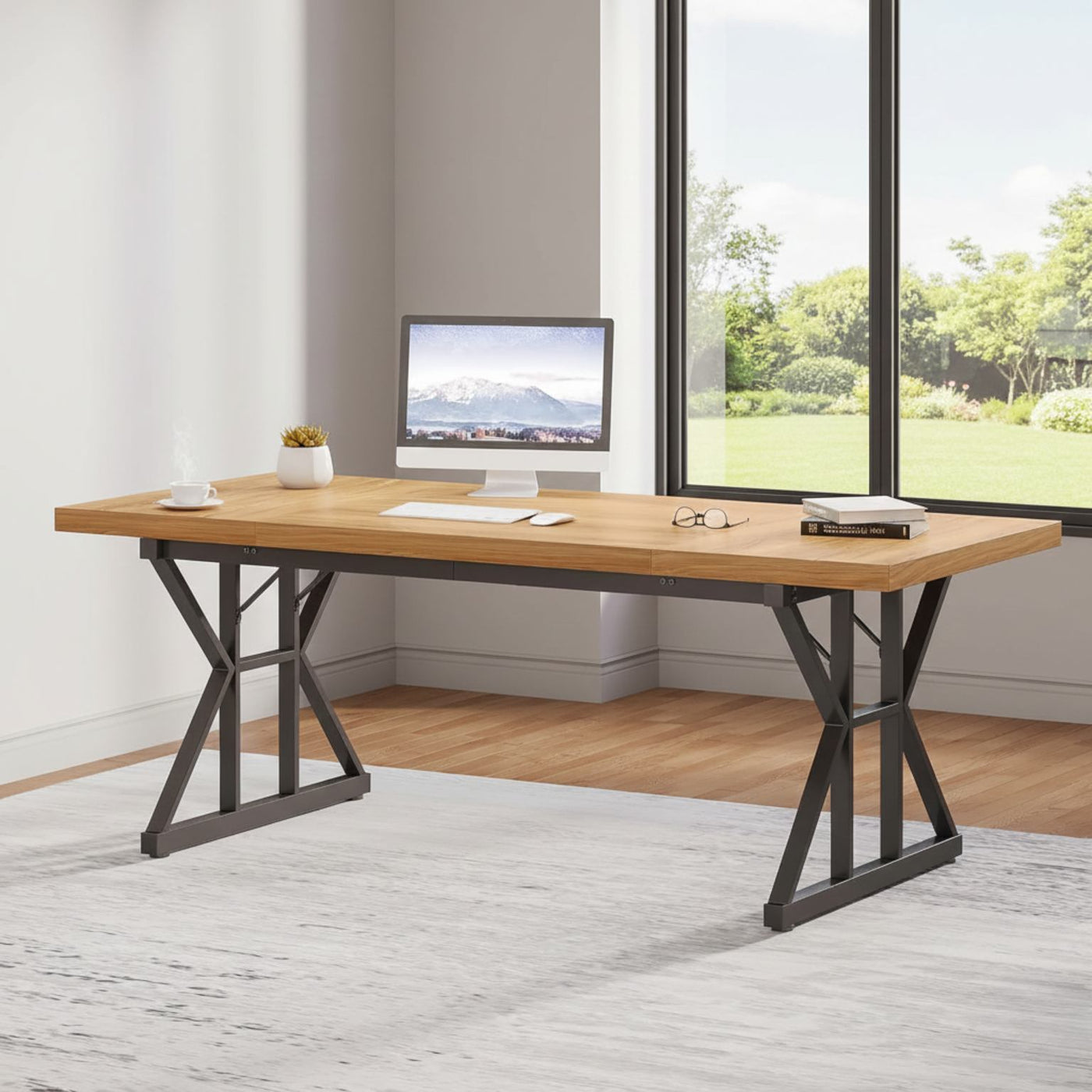 70.8-inch executive desk with a generous wooden surface and black metal X-frame legs in a bright home office.
