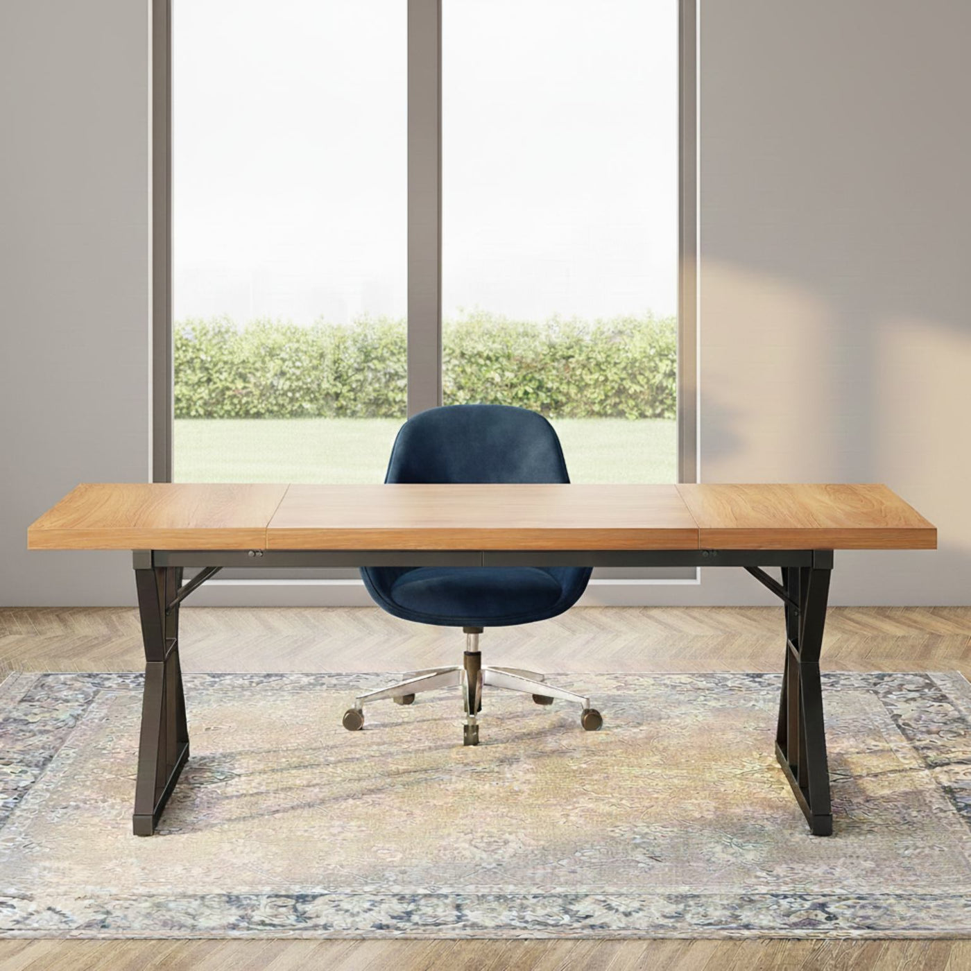 70.8-inch executive desk with a wooden top and black metal legs in a bright home office.