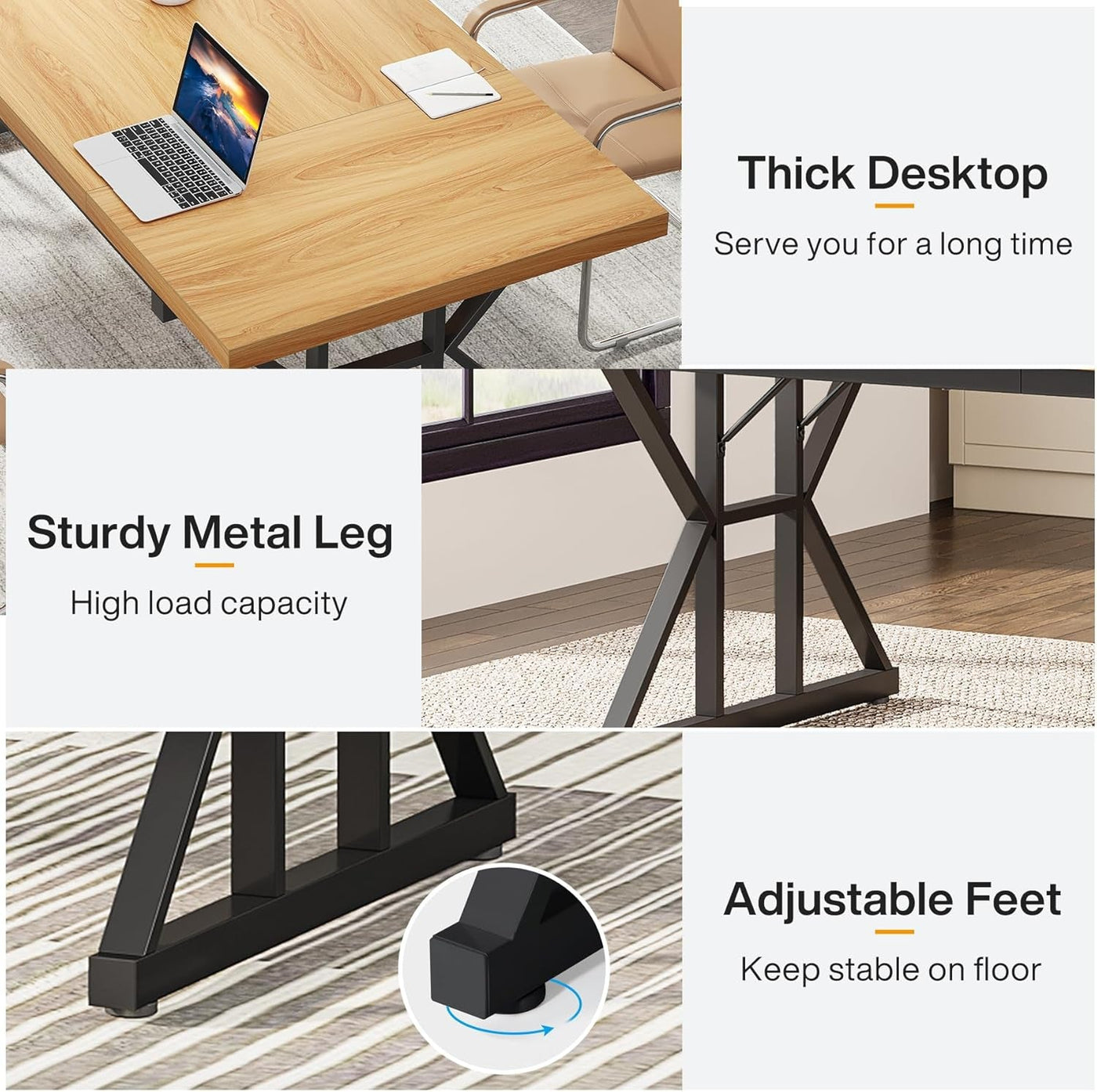 70.8 inch executive desk with thick wood top, sturdy metal legs, and adjustable feet for a spacious, stable home office.